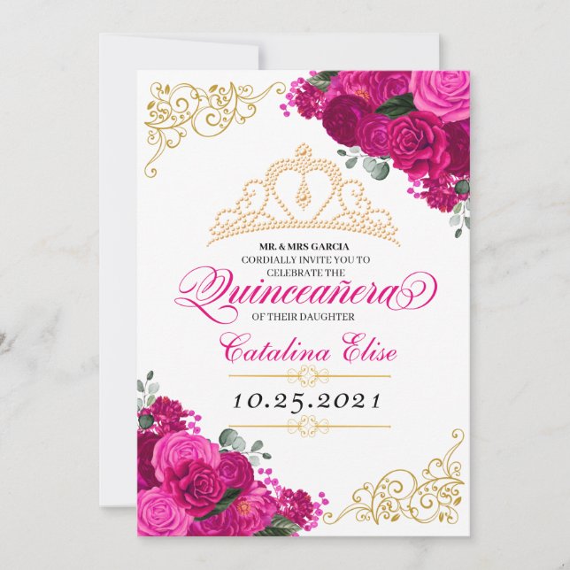 Invitation Elégant Fuchsia rose Floral Quinceanera Anniversai (Devant)