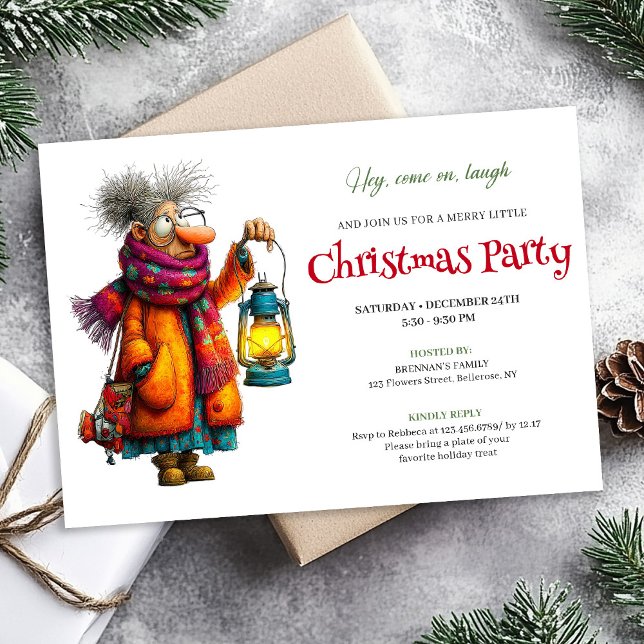 Invitation Elegant Funny Woman Comic Christmas Editable  (Festive Funny Woman Editable Christmas Invite Digital)
