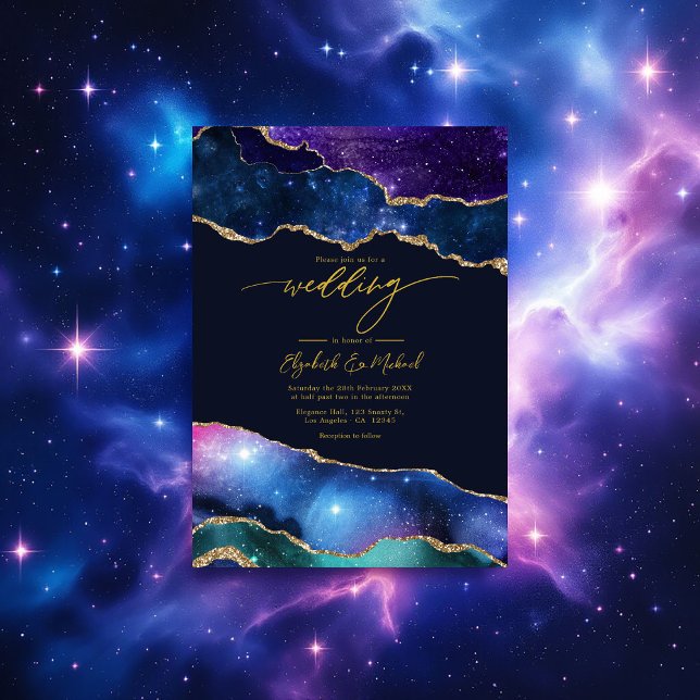 Invitation Elégant Galaxy Bleu, Violet & Or Agate QR Code (Elegant Galaxy Blue, Purple & Gold Agate QR Code Invitation)