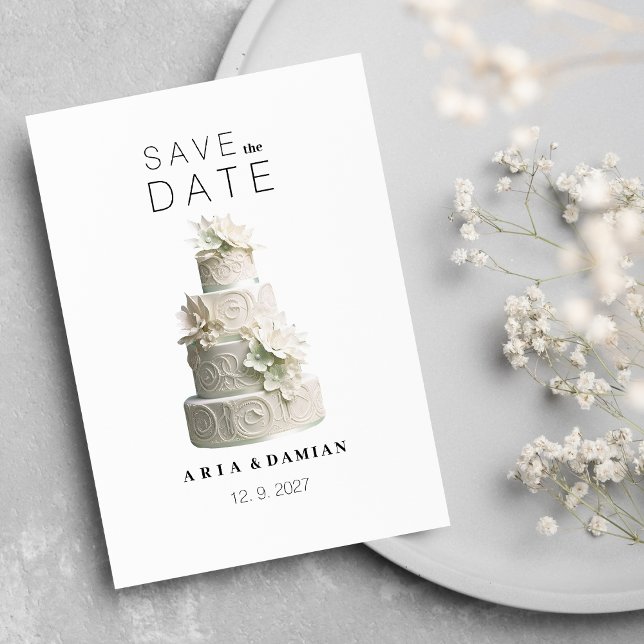 Invitation Elégant gâteau à fleurs vert menthe blanche Sauvez (Elegant white mint green floral cake Save the Date)