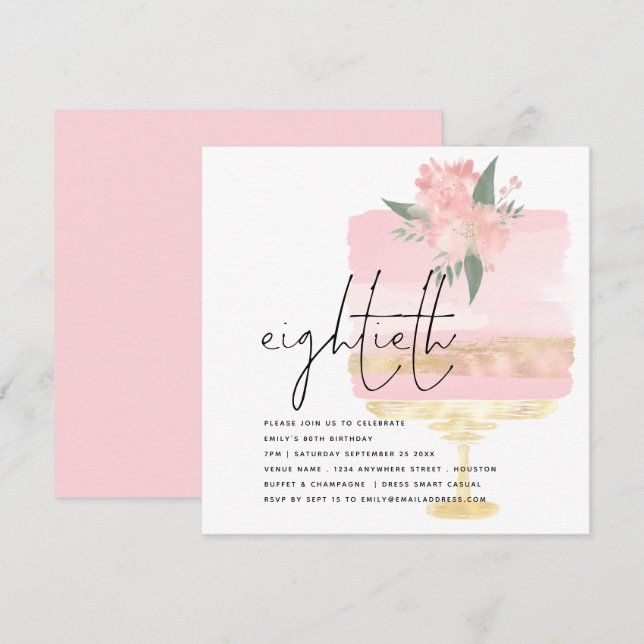Invitation Elégant gâteau d'anniversaire rose 80e fête (Devant / Derrière)