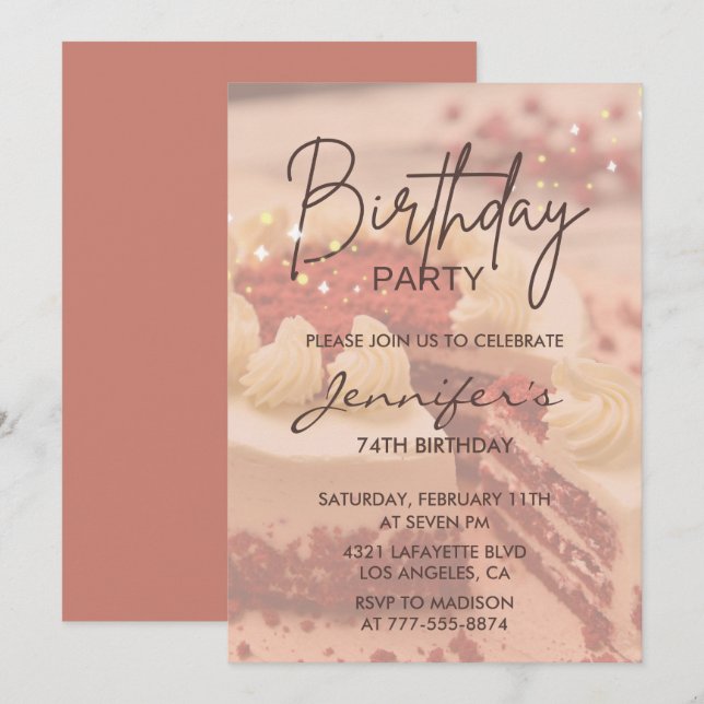 Invitation Élégant gâteau moderne étincelle 74e anniversaire (Devant / Derrière)