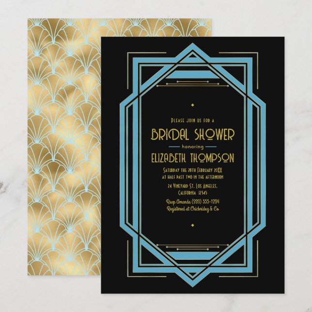 Invitation Elegant Gatsby Art Deco Blue & Gold Bridal Shower (Devant / Derrière)