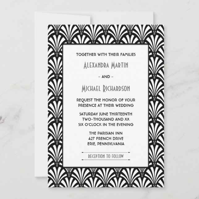 Invitation Elégant Gatsby Art Déco Mariage noir et blanc (Devant)