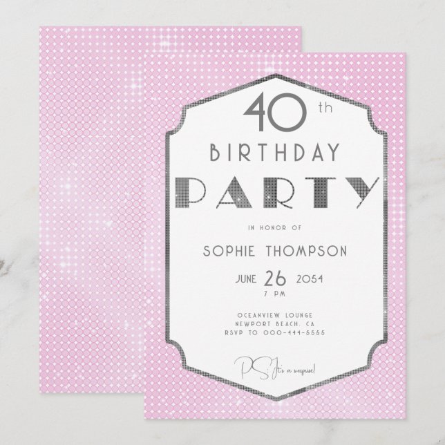 Invitation Elégant Gatsby blanc or rose déco 40e anniversaire (Devant / Derrière)