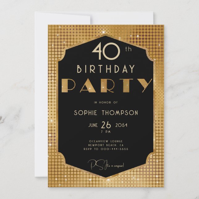 Invitation Elégant Gatsby Gold Parties scintillant Noir 40e a (Devant)