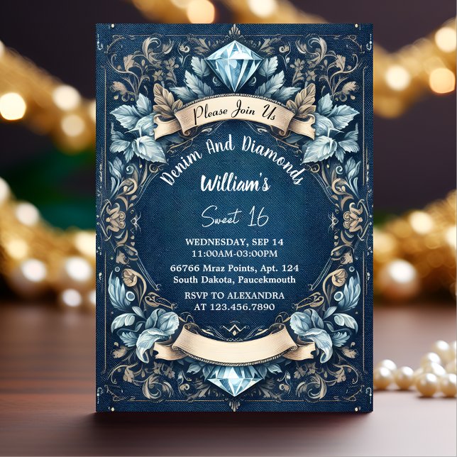 Invitation Élégant Gem Bling Denim Et Diamonds Sweet 16 (Créateur téléchargé)