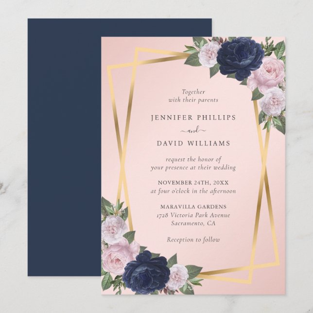 Invitation Elégant Geo Gold Navy Blue Blush Botanical Mariage (Devant / Derrière)