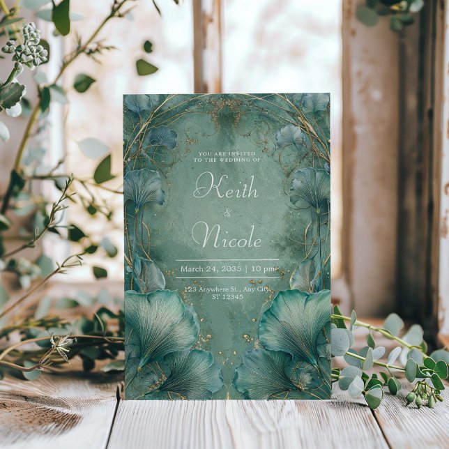 Invitation Elégant Ginkgo Leaf Turquoise & Mariage or (Créateur téléchargé)