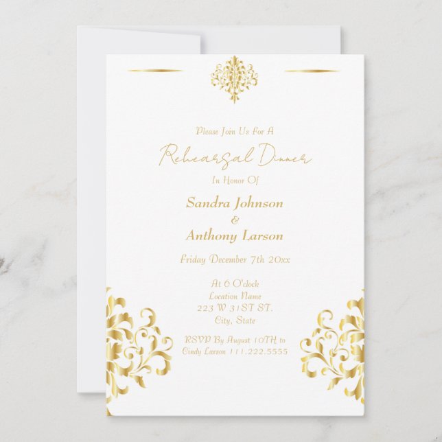 Invitation Elegant Gold and White Damask Wedding Rehearsal (Devant)