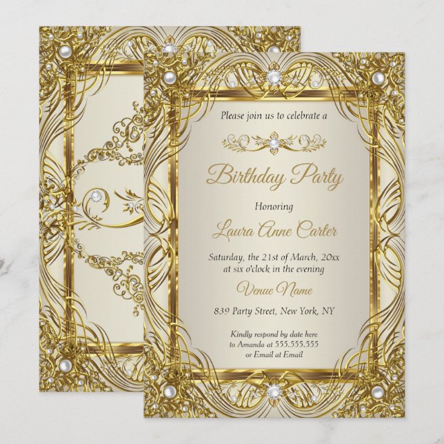 Invitation Elégant Gold beige Cream Pearl Damask party (Devant / Derrière)