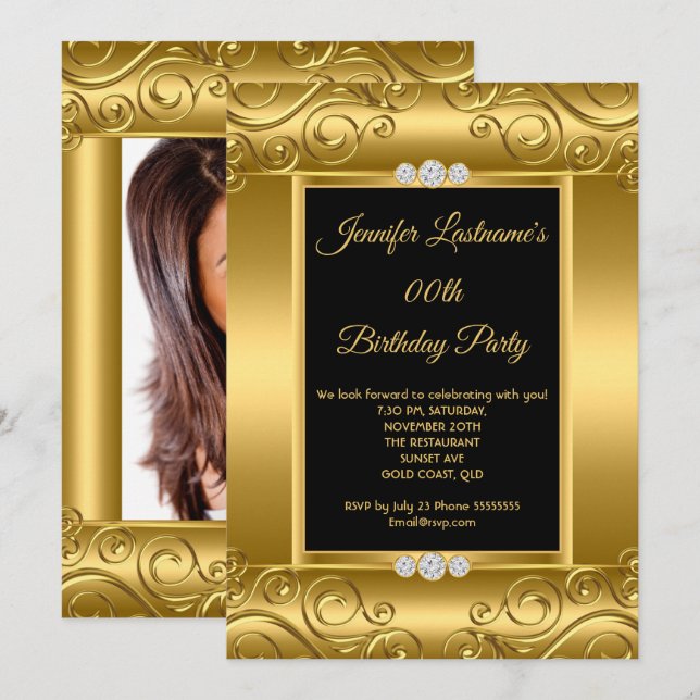 Invitation Elegant Gold Black Damask Photo Anniversaire (Devant / Derrière)