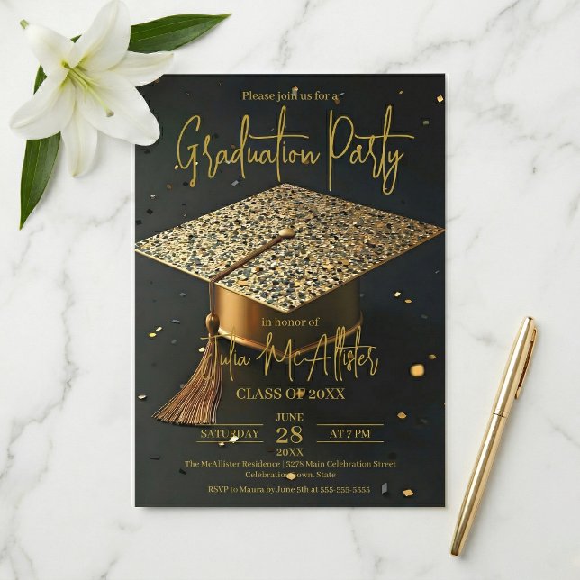 Invitation Elegant Gold Black Faux Glitter Cap Graduation (Créateur téléchargé)