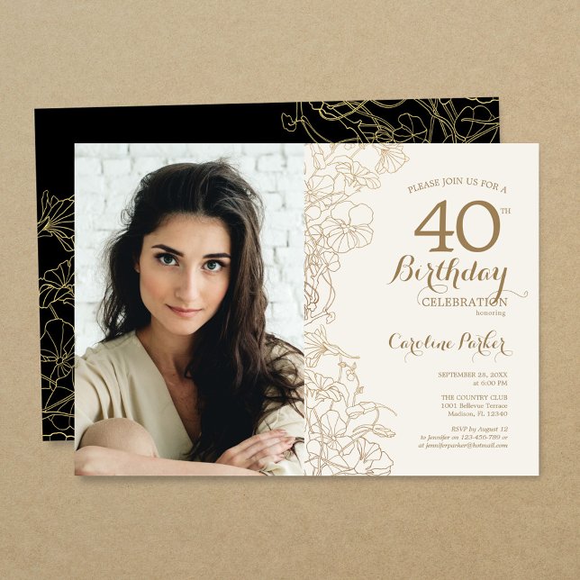 Invitation Elégant Gold Black Floral Photo 40e anniversaire (Créateur téléchargé)