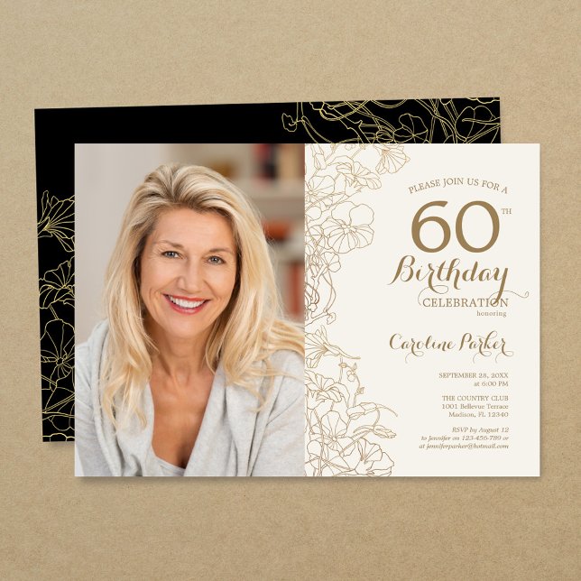 Invitation Elégant Gold Black Floral Photo 60e anniversaire (Créateur téléchargé)
