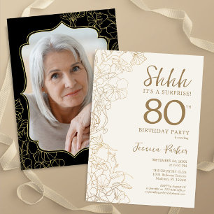 Invitation Elégant Gold Black Photo Surprise 80e anniversaire