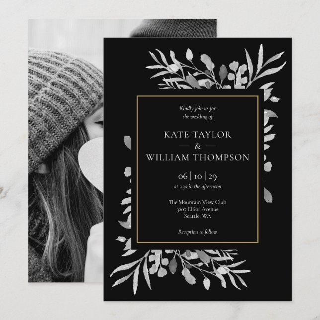 Invitation Elégant Gold Black White Foliage Mariage photo (Devant / Derrière)