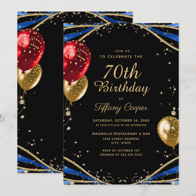 Invitation Elégant Gold Blue Agate 70e anniversaire (Devant / Derrière)