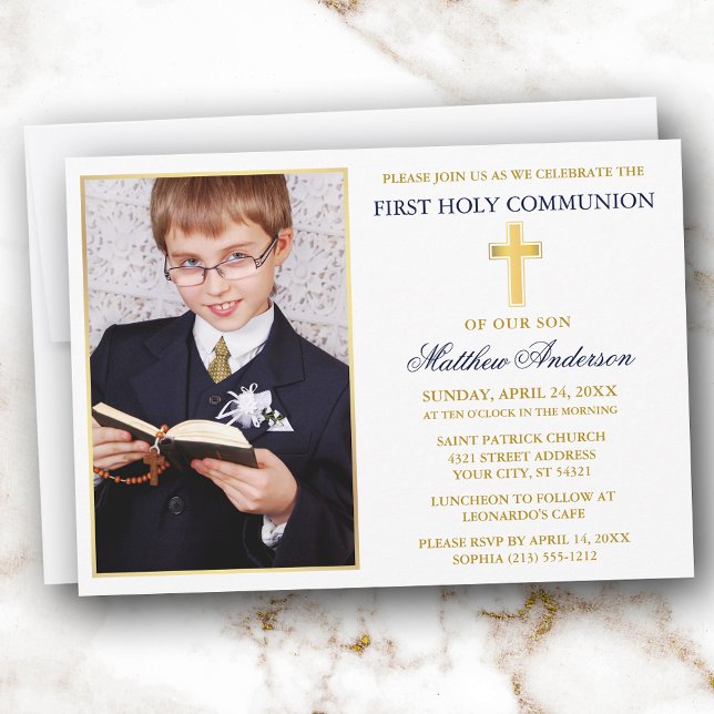 Invitation Elegant Gold Blue First Holy Communion Photo (Customize to change text size, text style or color.)