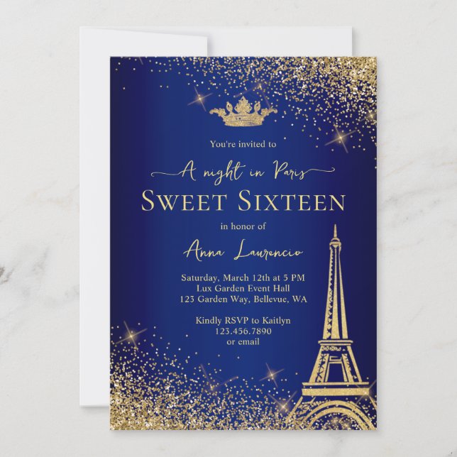 Invitation Elégant Gold Blue Paris Night Thème Sweet 16 (Devant)
