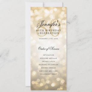Invitation Elegant Gold Bokeh 80th Birthday Program avec menu