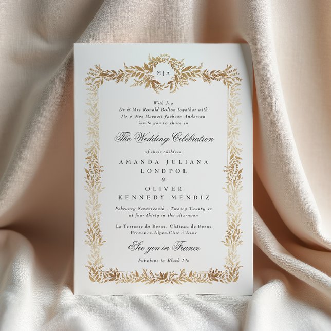 Invitation elegant gold botanical frame monogram wedding (Créateur téléchargé)