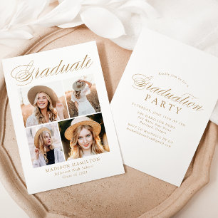 Invitation Elégant Gold Calligraphy 4 Photo Graduation Party