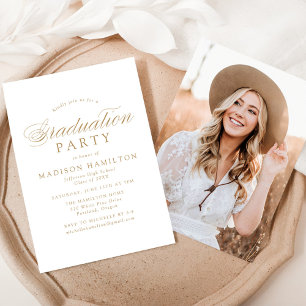 Invitation Elégant Gold Calligraphy Photo Graduation Party
