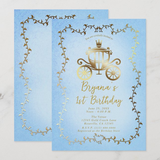 Invitation Elégant Gold Carriage Blue Storybook 1er anniversa (Devant / Derrière)