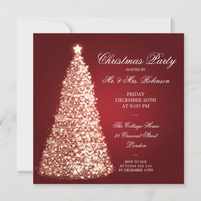 Invitation Élégant Gold Christmas Party Rouge (Devant)