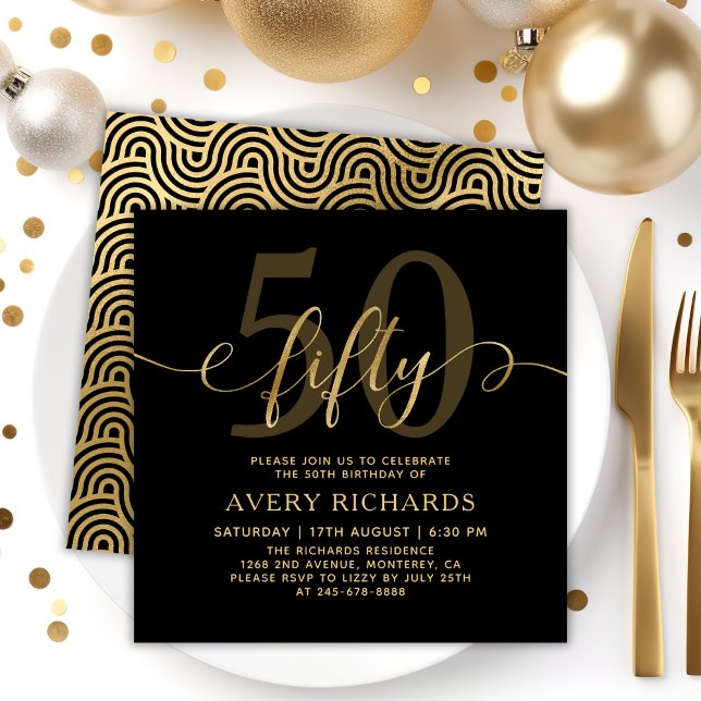 Invitation Elégant Gold Cinquante Script Noir 50e anniversair (Créateur téléchargé)