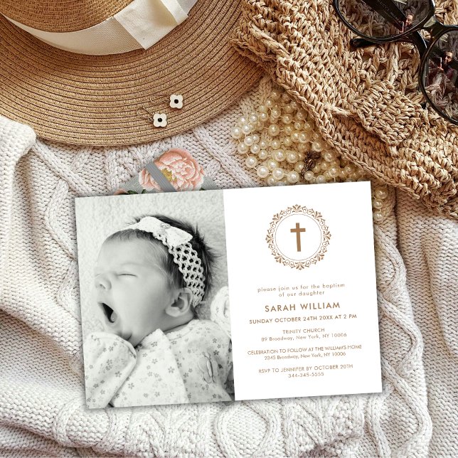 Invitation Élégant Gold Classic Photo Cross Wreath Baptism (Elegant Gold Classic Photo Cross Wreath Baptism Invitation)
