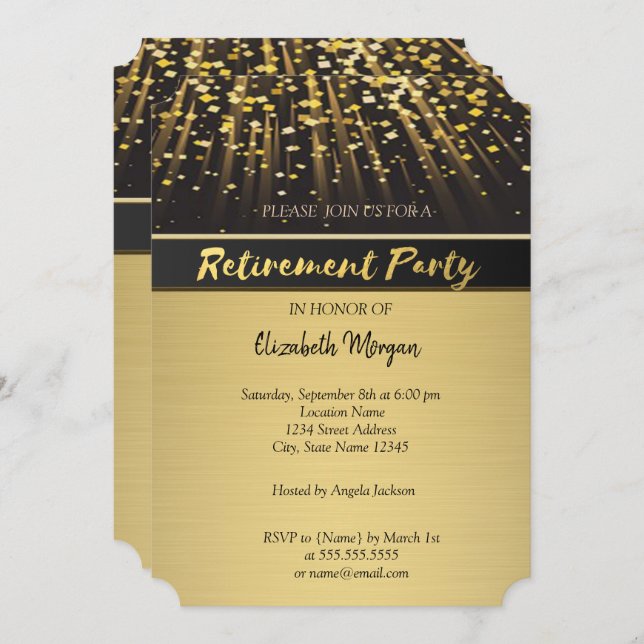Invitation Élégant Gold Confetti Retraite Party (Devant / Derrière)