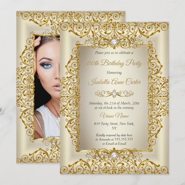 Invitation Elegant Gold Cream Pearl Photo Anniversaire (Devant / Derrière)