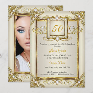 Invitation Elegant Gold Cream Pearl Photo fête d'anniversaire
