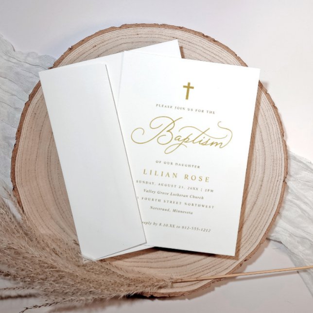 Invitation Elégant Gold Cross Baptism (Personalized baptism invite with gold cross and elegant script, perfect for a timeless celebration.)