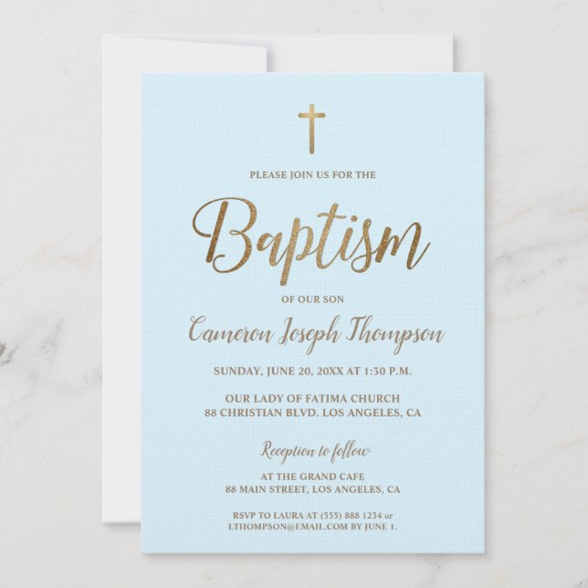 Invitation Elegant Gold cross Blue Custom Baptism (Devant)