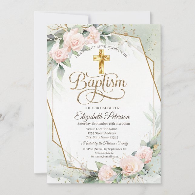 Invitation Élégant Gold Cross Rose Roses rose Baptême (Devant)
