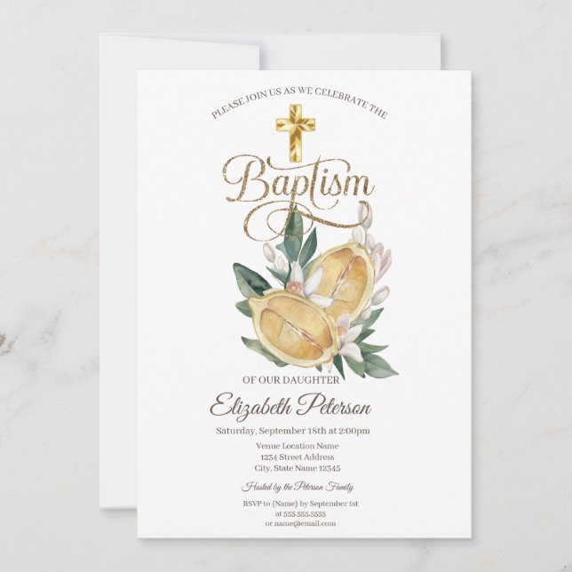 Invitation Elégant Gold Cross Watercolor Lemons Botanique (Devant)