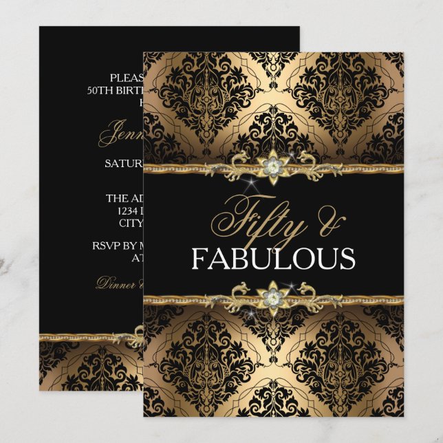 Invitation Elegant Gold Damask Cinquante et Fabulous Invitati (Devant / Derrière)