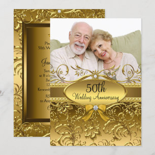 Invitation Elégant Gold Damask Photo 50th Anniversary