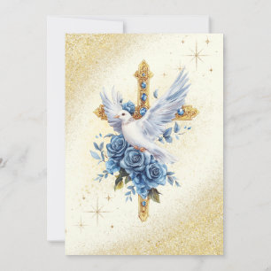 Invitation Elégant Gold Dove Bleu Roses Baptême