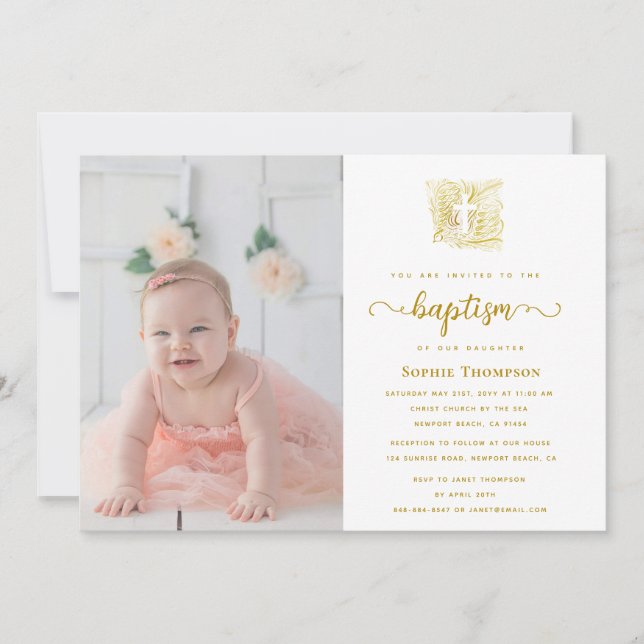 Invitation Elegant Gold Dove Cross Religieux Baptême Photo (Devant)
