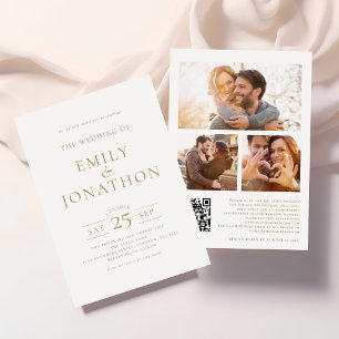 Invitation Elegant Gold Ecriture 3 Photos QR Code Mariage