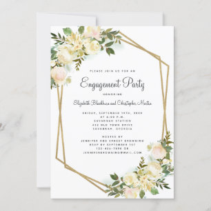 Invitation Élégant Gold Engagement Mariage Floral Blanc