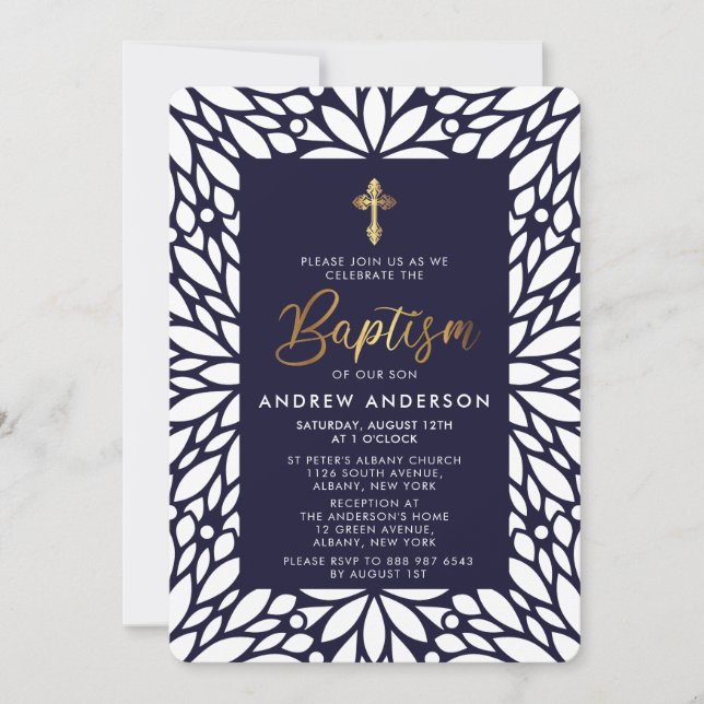 Invitation Élégant Gold Et Baptême Garçon Bleu Marine (Devant)