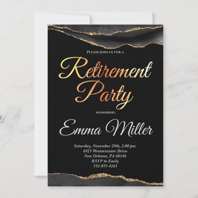 Invitation Elégant Gold et Black Retraite Party (Devant)