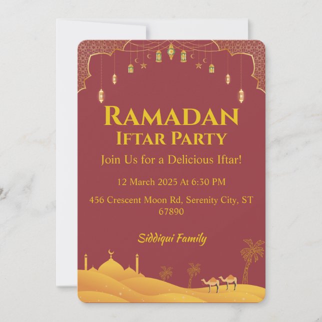 Invitation Élégant Gold Et Rouge Ramadan Iftar Party (Devant)