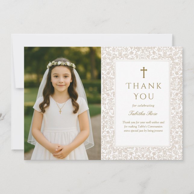 Invitation Elegant Gold Floral Communion Thank You Card (Devant)