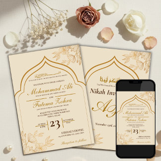 Invitation Elegant Gold Floral Masjid Muslim Wedding Nikah In
